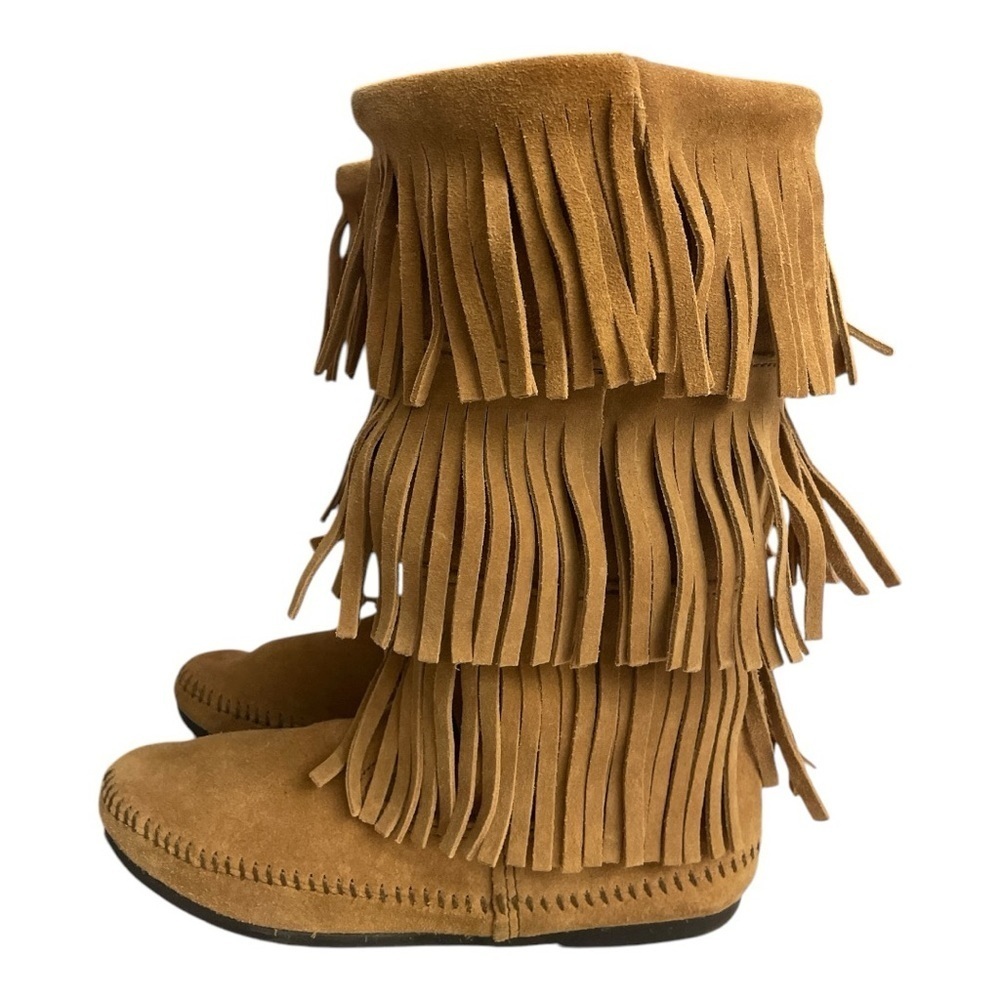 Minnetonka Triple Fringe Suede Moccasin Boots In Tan